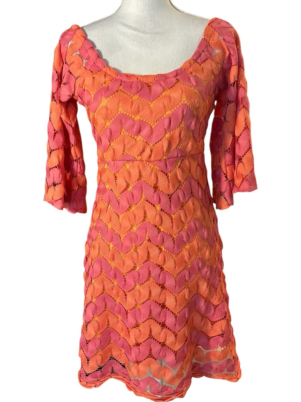 Judith March Pink and Orange Crochet Mini Dress